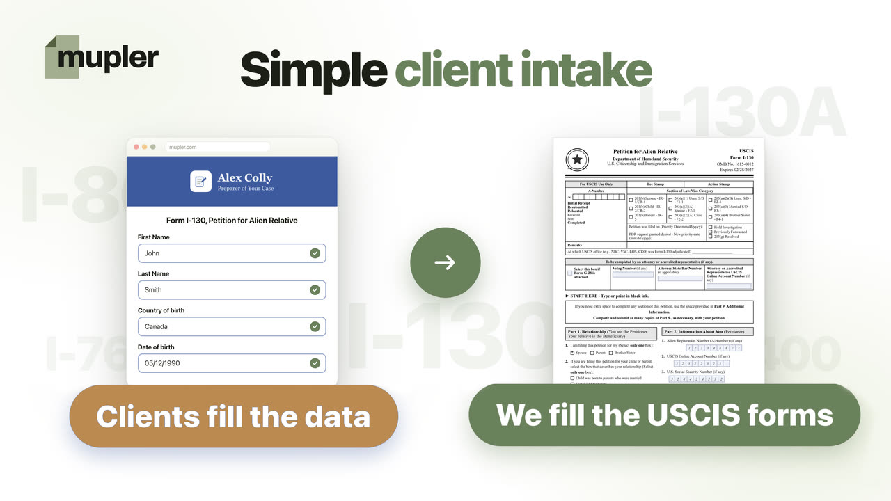 Mupler demo: a client fills a simple web form and Mupler fills the USCIS form